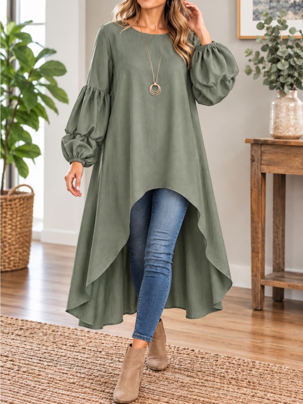 High-Low Tunic Dress with Balloon Sleeves -